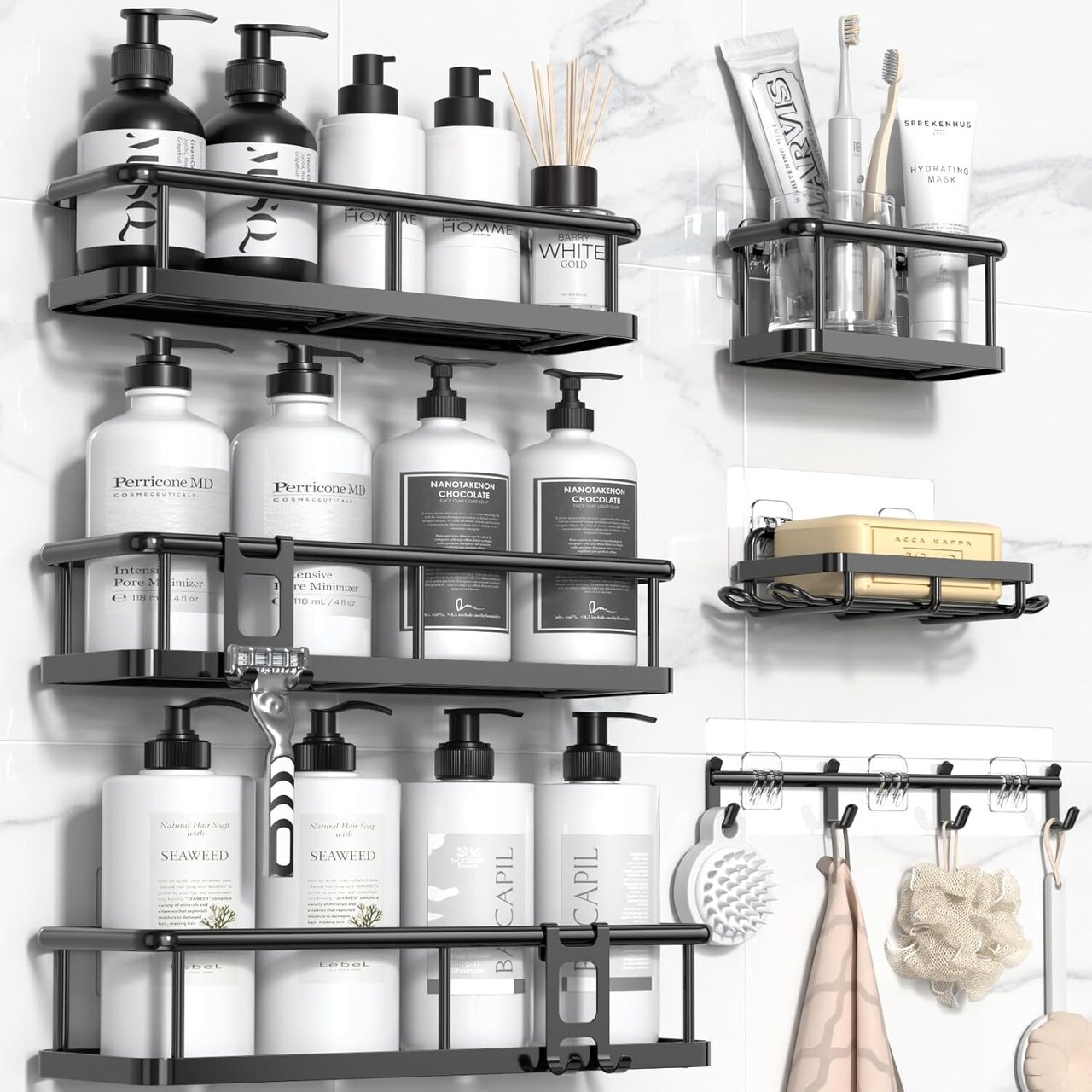 6 Pack Shower Caddy Organizer with Soap Holder and 12 Hooks - Black (L Size)